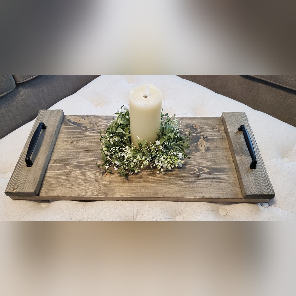 Handmade serving tray/charcuterie board! Light gray stain & black handles